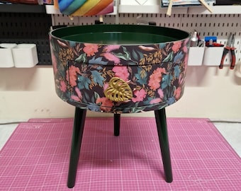 Pink and charcoal grey nightstand,  floral green  round side table with leaf and flower design. Inbuilt drawer  with gold