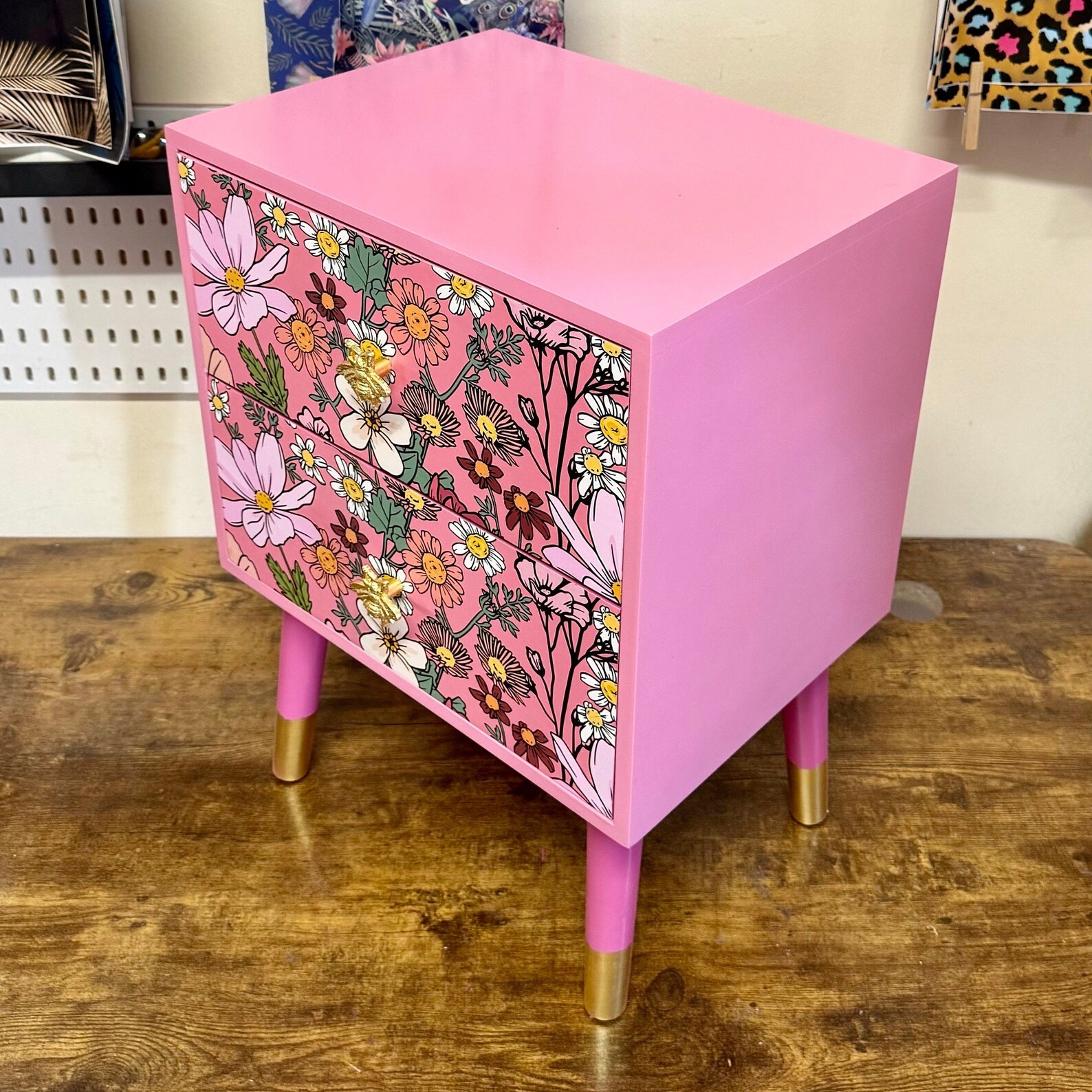 Pink Floral Square Bedside Table, Two Drawers, Ideal Nightstand — free download
