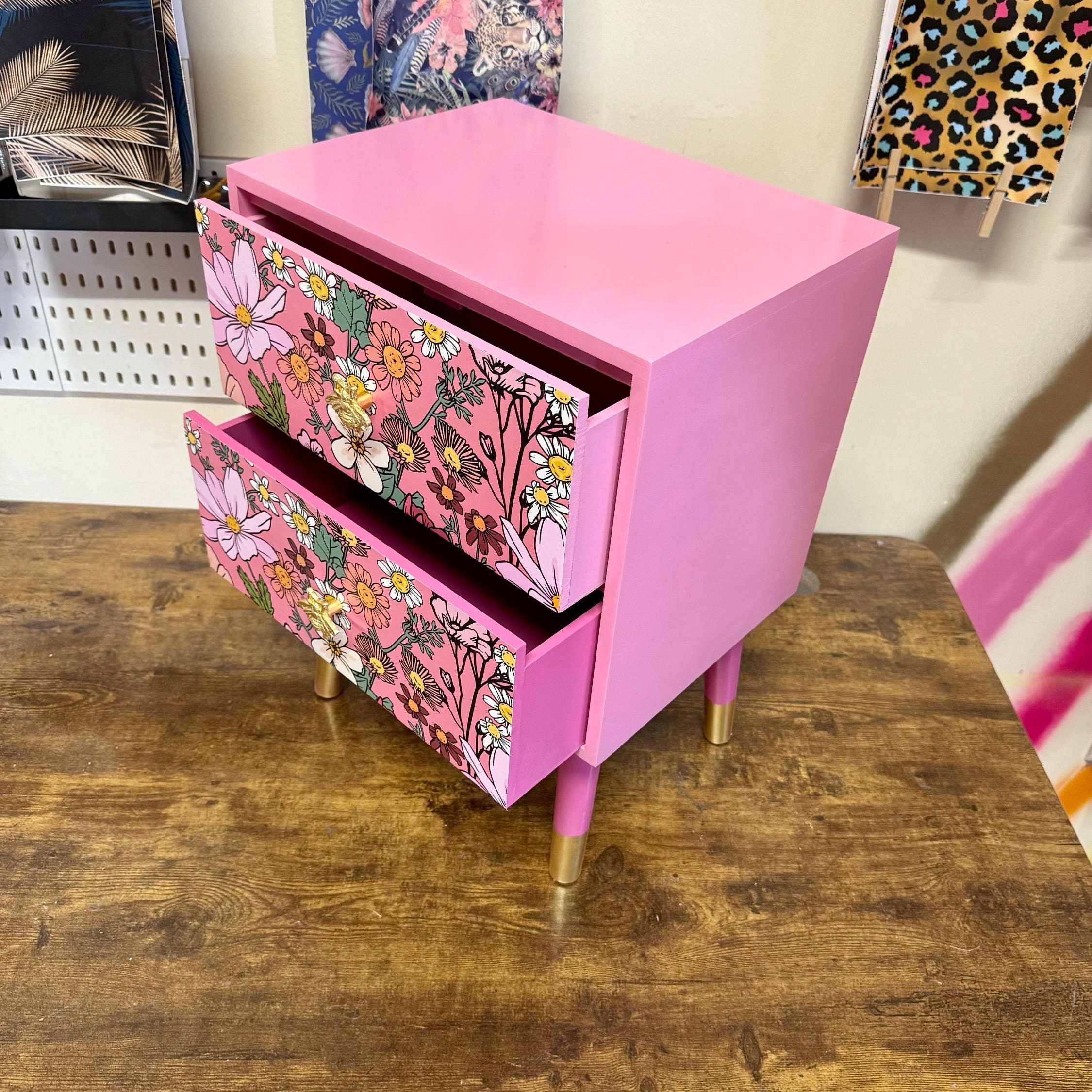 Pink Floral Square Bedside Table, Two Drawers, Ideal Nightstand — free download
