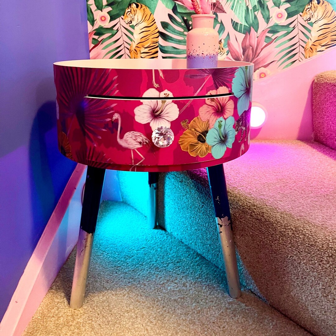 Bedside Table Pink and Blue Tropical . Flamingo and Leopard Print Round