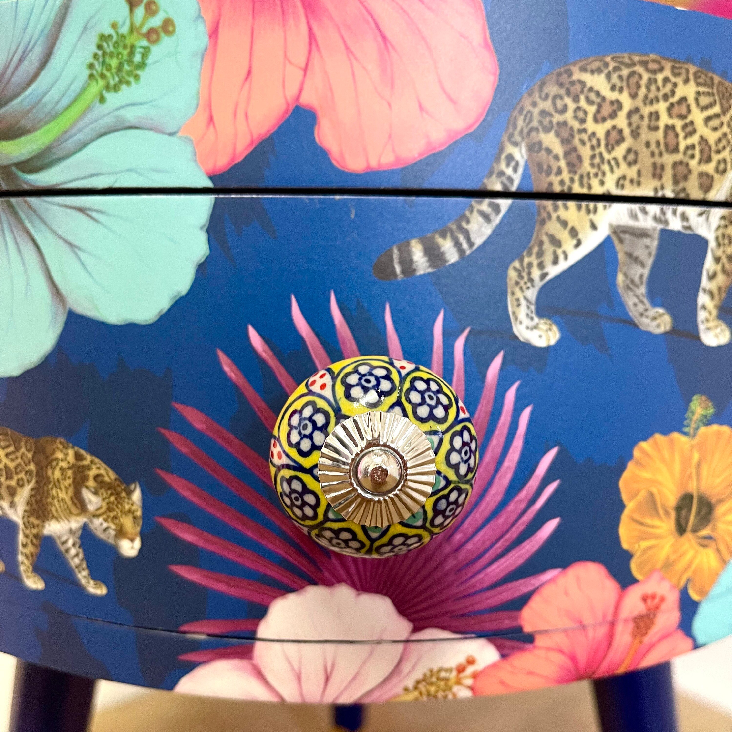 Round Bedside Table With Drawer Navy and Yellow Nightstand Etsy UK