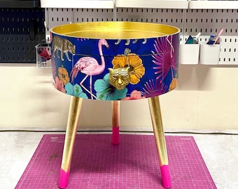 Gold and navy leopard and flamingo round bedside table . Fun Bright Home Decor . Ideal for Nightstand or side table. Comes with drawer
