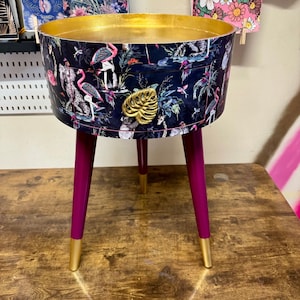 Tropical side table, navy flamingo and cheetah design, opulent nightstand, gold and navy bedside table, round small table