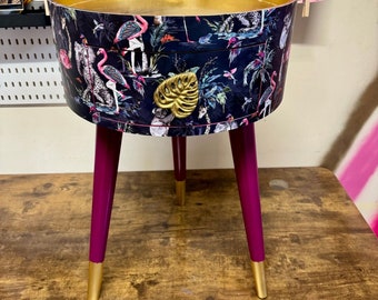 Tropical side table, navy flamingo and cheetah design, opulent nightstand, gold and navy bedside table, round small table