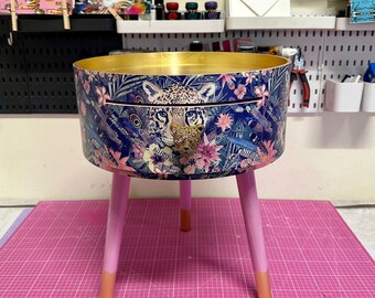 Gold and pink leopard and tropical round bedside table . Fun Bright Home Decor . Ideal for Nightstand or side table. Blue and pink design