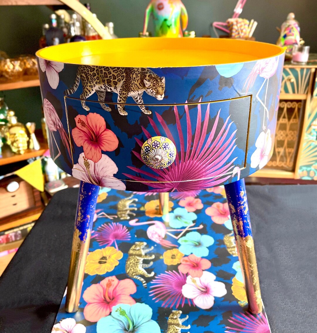 Custom Round Bedside Table Completely Personalised. Pink, Yellow and