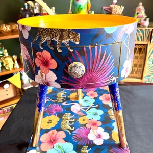 Custom round bedside table completely personalised.  Pink, yellow and navy living room side table, ideal nightstand.