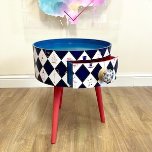 Black and white bedside table , Alice in Wonderland nightstand,  queen of hearts design in black white red . We’re all mad here handle