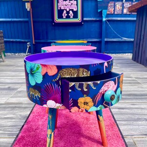 Quirky Round Wooden Side Table With Drawer. Tropical, Animal Print ...
