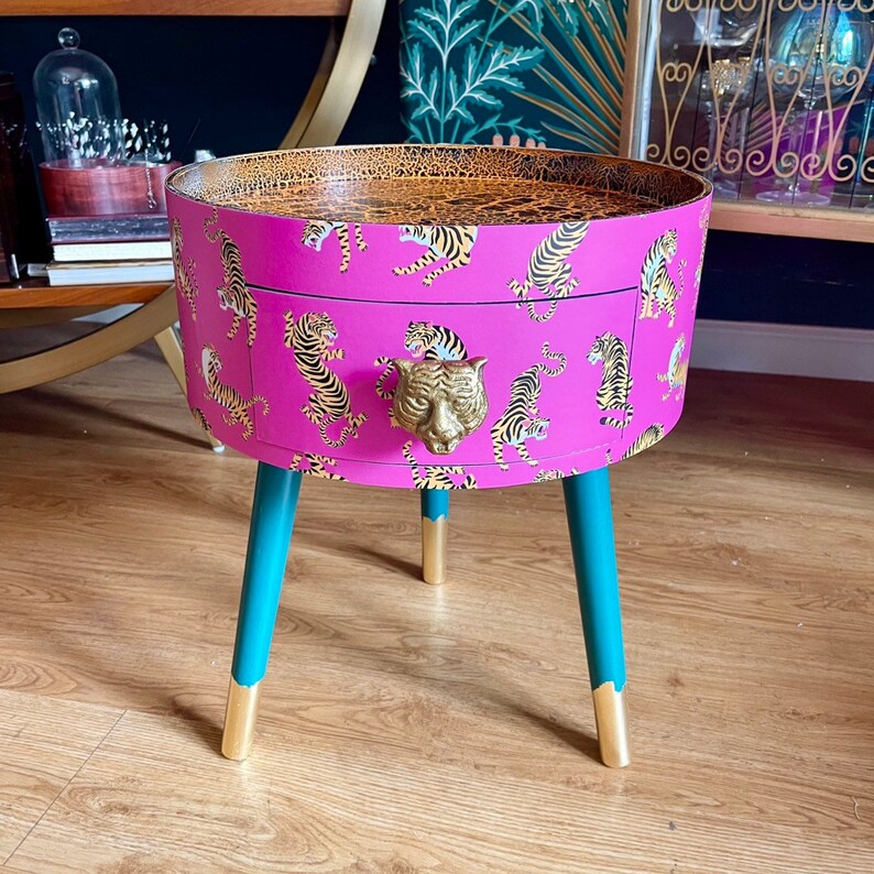 Round Wooden Side Table With Drawer. Tiger Print in 6 Colours Etsy