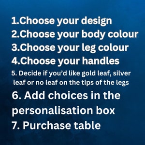 May include: A list of instructions for customizing a table. The instructions include choosing the design, body color, leg color, handles, and leaf options. The text also instructs the user to add their choices in the personalization box and to purchase the table.