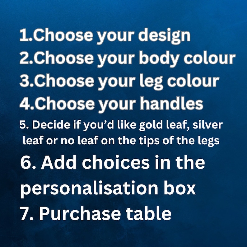 May include: A list of instructions for customizing a table. The instructions include choosing the design, body color, leg color, handles, and leaf options. The text also instructs the user to add their choices in the personalization box and to purchase the table.
