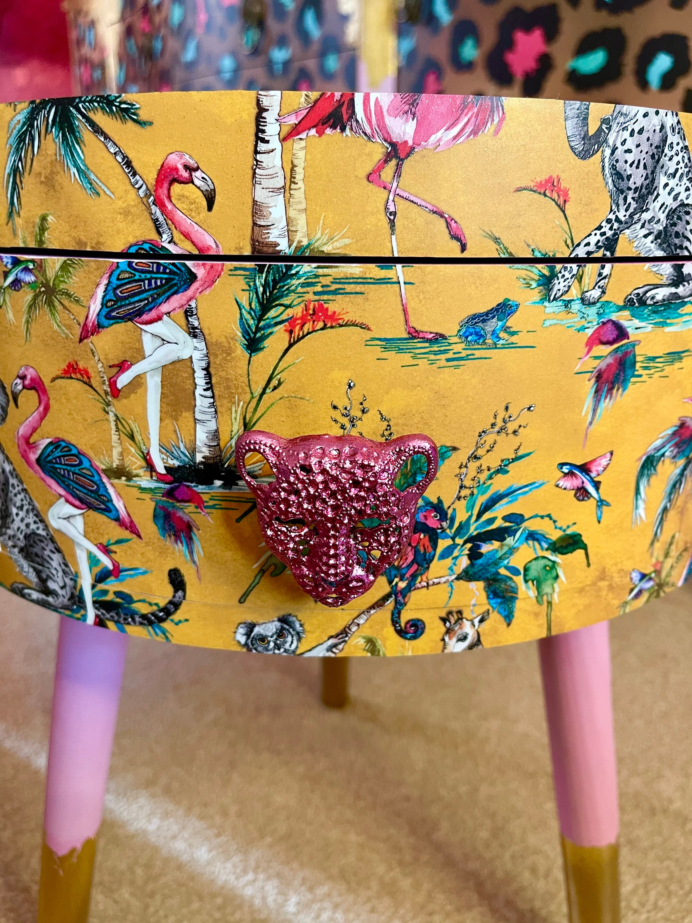 Leopard Print Round Bedside Table. Pink and Yellow With Gold Etsy