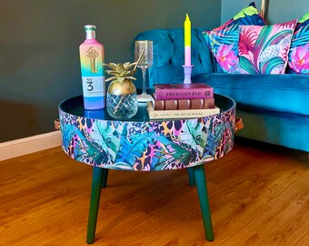 Round coffee table , tropical green pink and orange leopard print , Animal and floral print.  Round table, lift off top for storage