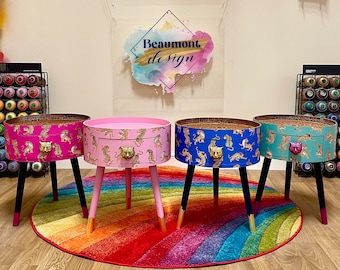 Round wooden side table with drawer. Tiger print in 6 colours, pink, navy, mint, lilac, turquoise. Ideal coffee table or night stand