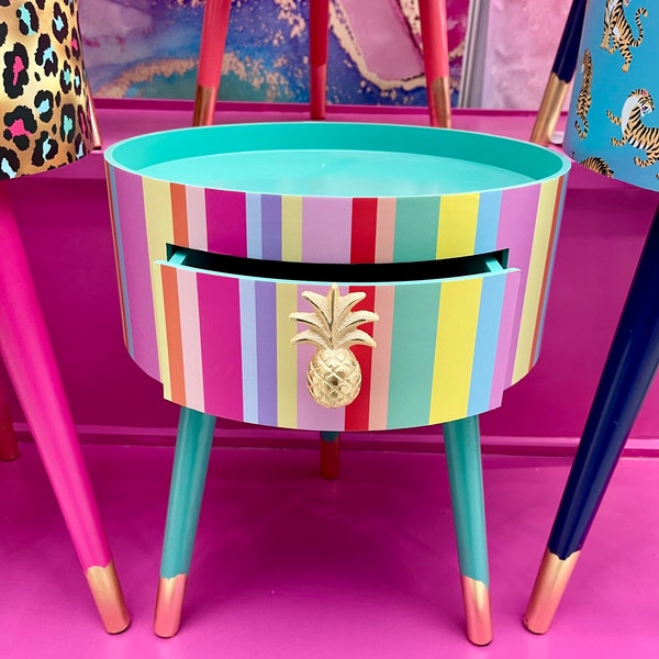 Pastel rainbow stripe  multicoloured round  side table . Circular wooden bedside table with drawer. Ideal Nighstand or bedside table