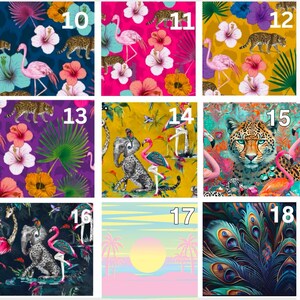 Op de afbeelding: Een collage van 9 verschillende tropische patronen. De patronen bevatten flamingo's, luipaarden, olifanten, palmbomen, pauwen en hibiscusbloemen. De patronen zijn in verschillende kleuren, waaronder roze, geel, blauw, groen en paars.