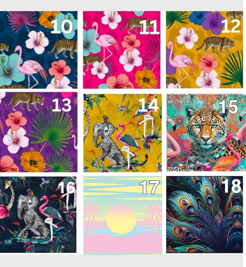 Op de afbeelding: Een collage van 9 verschillende tropische patronen. De patronen bevatten flamingo's, luipaarden, olifanten, palmbomen, pauwen en hibiscusbloemen. De patronen zijn in verschillende kleuren, waaronder roze, geel, blauw, groen en paars.