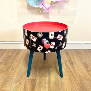 Black and red bedside table , Alice in Wonderland inspired nightstand,  queen of hearts design in black white red . Tarot cards side table