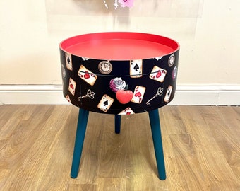 Black and red bedside table , Alice in Wonderland inspired nightstand,  queen of hearts design in black white red . Tarot cards side table