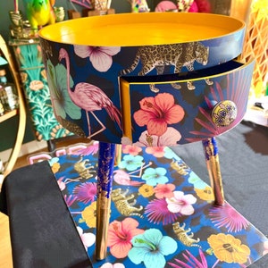 Round colourful wooden nightstand with drawer. Ideal side table or bedside table. Completely personalised, any colour available