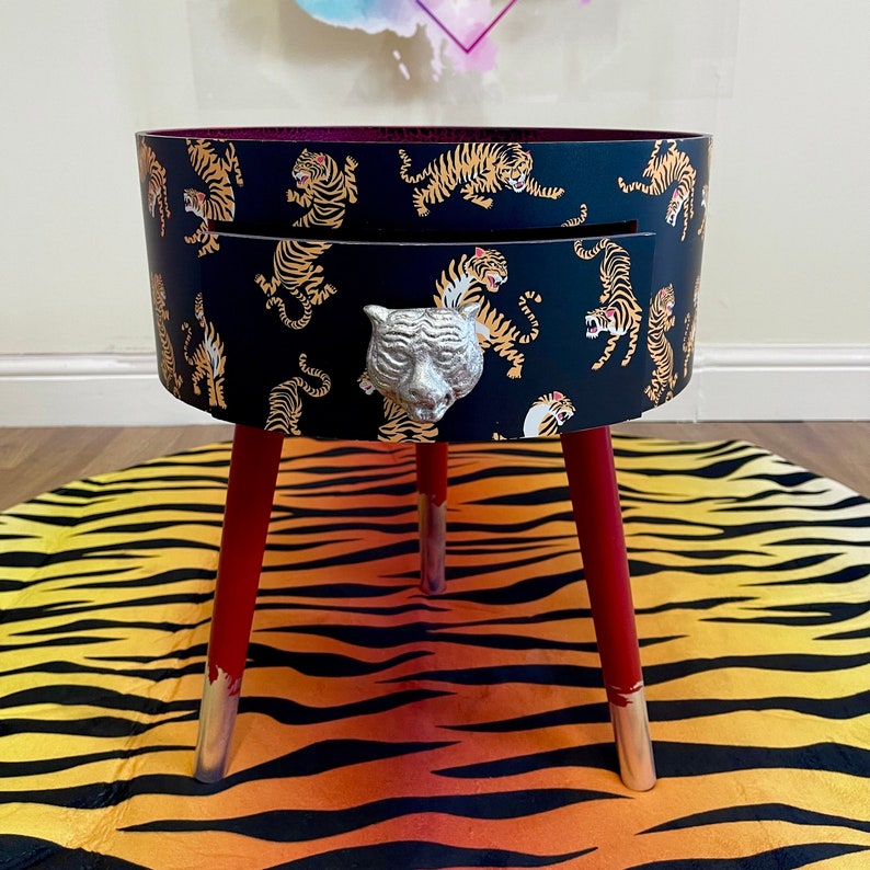 Round Bedside Table Black and Red Nightstand With Tiger Etsy