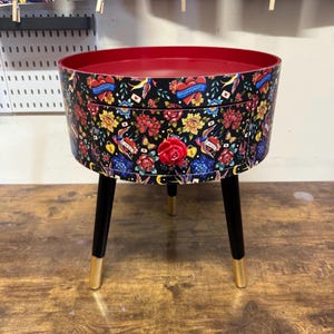 Popsy Burchett Tattoo print round bedside table . Fun Bright Home Decor . Ideal for Nightstand or side table. Red, black, heart