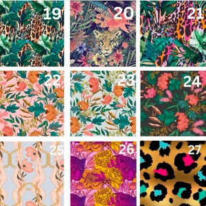Op de afbeelding: Een collage van negen verschillende stoffenpatronen, elk met een uniek ontwerp. De patronen omvatten bloemen, dierenprint en geometrische ontwerpen. De patronen zijn gerangschikt in een raster van drie rijen en drie kolommen. De nummers 19 tot en met 27 worden weergegeven in de rechterbovenhoek van elk patroon.