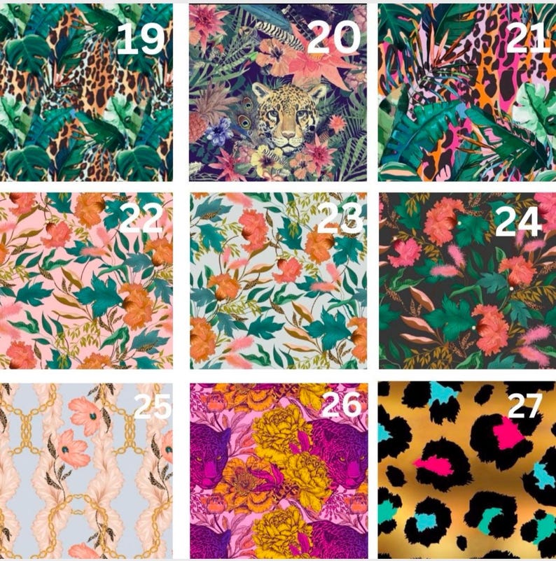 Op de afbeelding: Een collage van negen verschillende stoffenpatronen, elk met een uniek ontwerp. De patronen omvatten bloemen, dierenprint en geometrische ontwerpen. De patronen zijn gerangschikt in een raster van drie rijen en drie kolommen. De nummers 19 tot en met 27 worden weergegeven in de rechterbovenhoek van elk patroon.