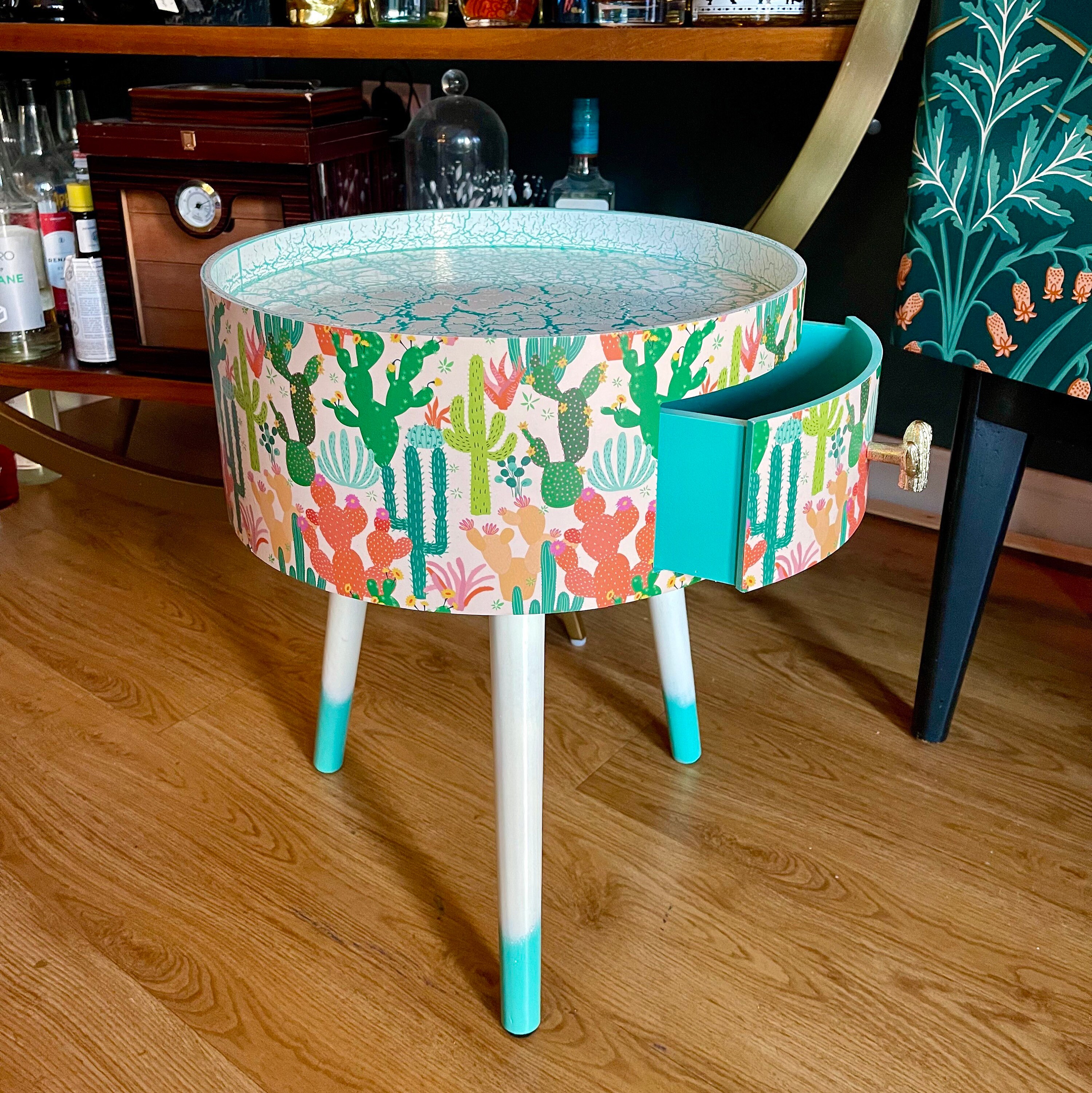 Boho Cactus Side Table, Southwestern Decor for Home, Turquoise Tray Top ...