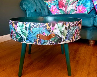 Round coffee table , fully customisable , Animal and floral print.  Round table, lift off top for storage. Lounge table, living room end