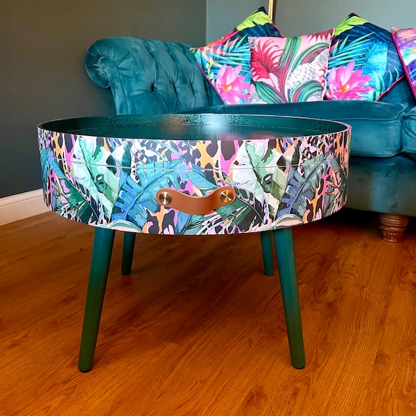 Round coffee table , fully customisable , Animal and floral print.  Round table, lift off top for storage. Lounge table, living room end