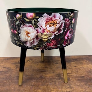 Round bedside table , black , green and gold nightstand with baroque floral design,  Moody Home Decor. Side table storage drawer.