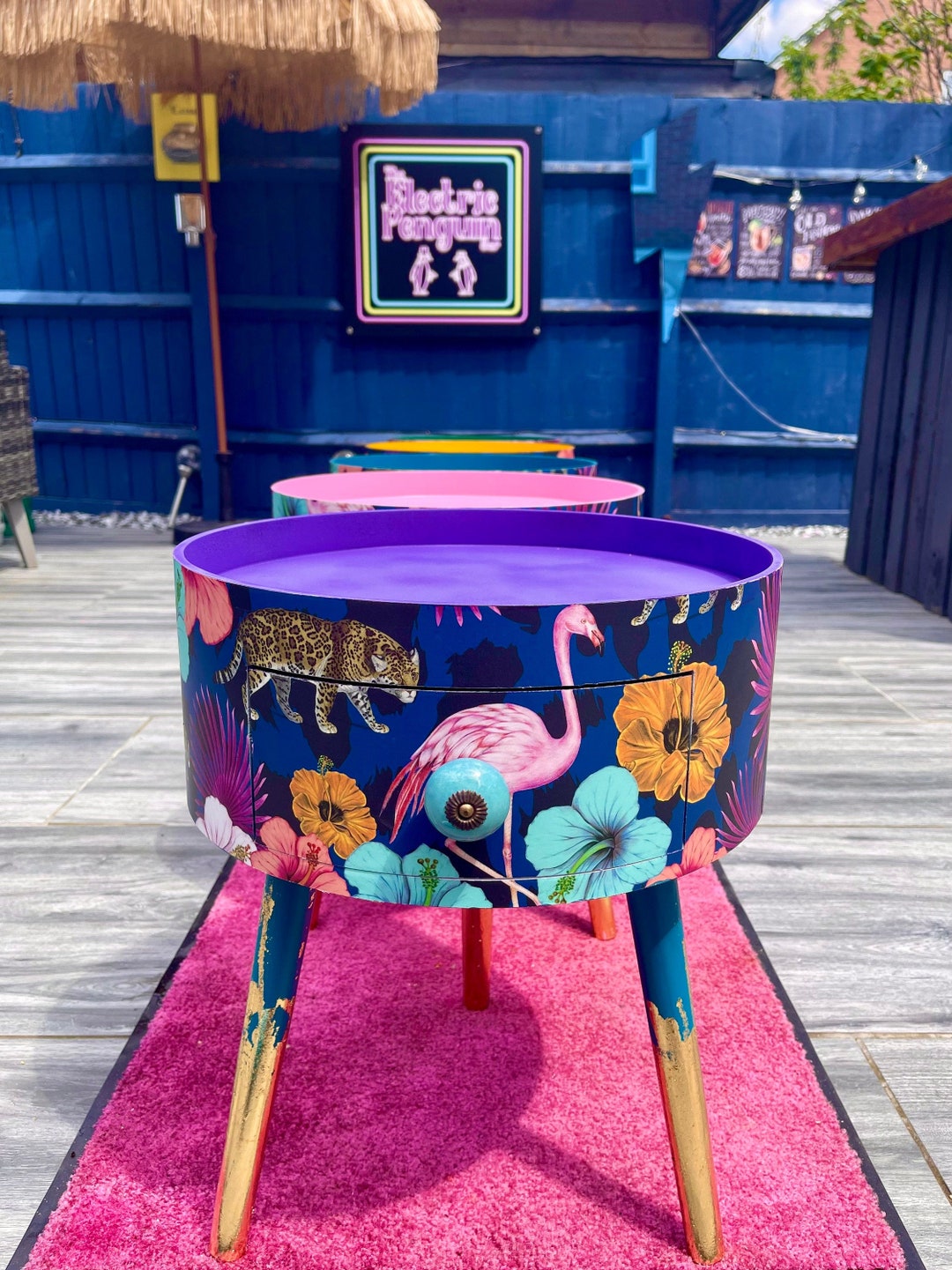 Quirky Round Wooden Side Table With Drawer. Tropical, Animal Print