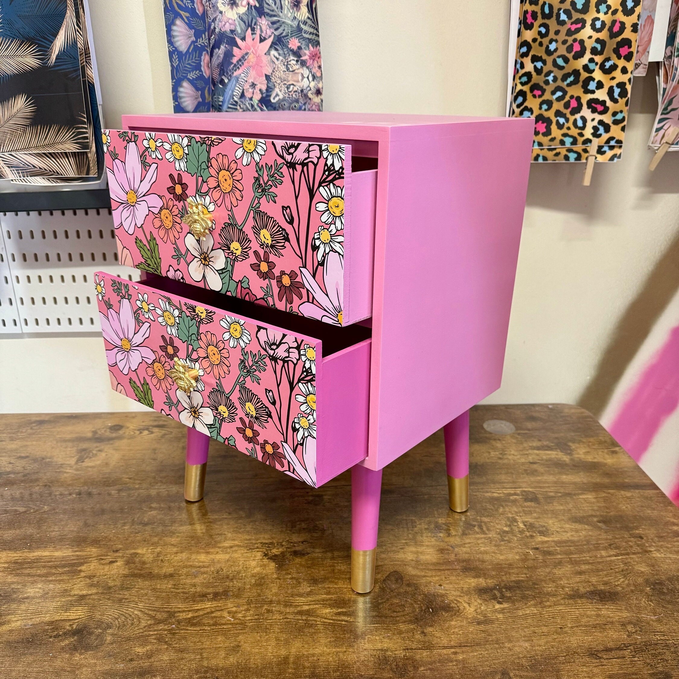 Pink Floral Square Bedside Table, Two Drawers, Ideal Nightstand — free download