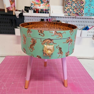 Mint green and Light Pink Tiger round bedside table . Fun Bright Home Decor . Ideal for Nightstand or side table. Gold Leaf Tiger Handle.