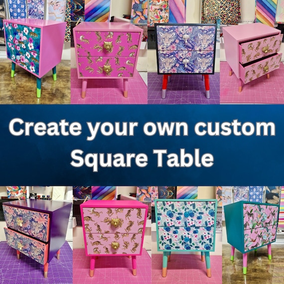 Custom square bedside table , two drawers, personalised side table, Pink, yellow, navy, gold, blue, mint, fuscia, tan, ideal nightstand