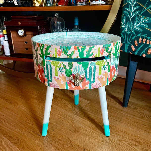 Boho cactus bijzettafel, zuidwestelijk decor voor thuis, turquoise lade top-end tafels voor slaapkamer, plant decor 5e verjaardag cadeau nachtkastje