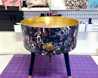 Gold and navy blue,  metallic leaf  leopard round bedside table . Ideal Nightstand or side table,  tropical flamingo print table