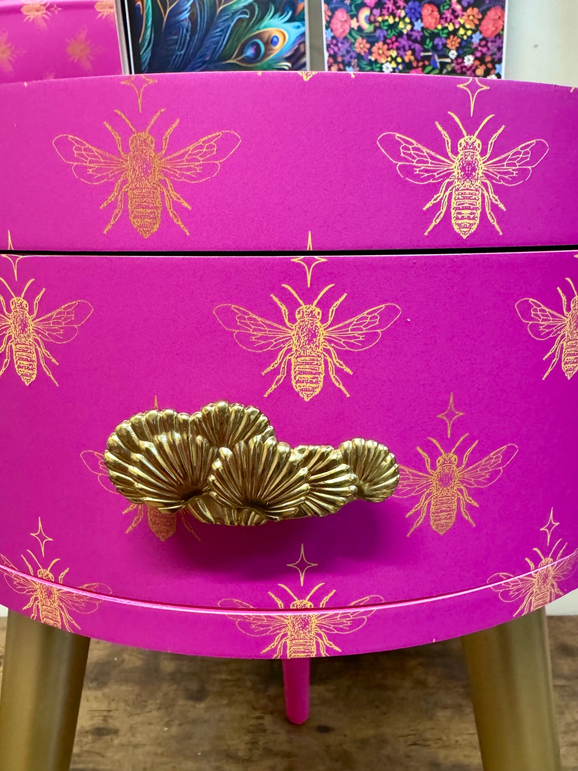 Hot Pink Gold Bees Round Bedside Table. Fun Bright Home Decor . Ideal ...