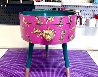 Hot Pink Tiger bedside table emerald top . Fun Bright Home Decor . Ideal for Nightstand or side table. Comes with inbuilt drawer