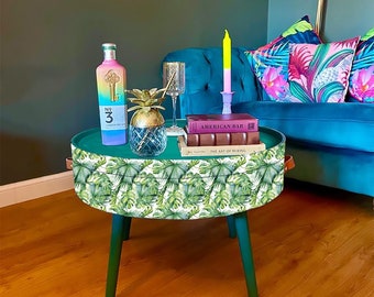 Round coffee table , fully customisable , Animal and floral print.  Round table, lift off top for storage. Lounge table, living room end