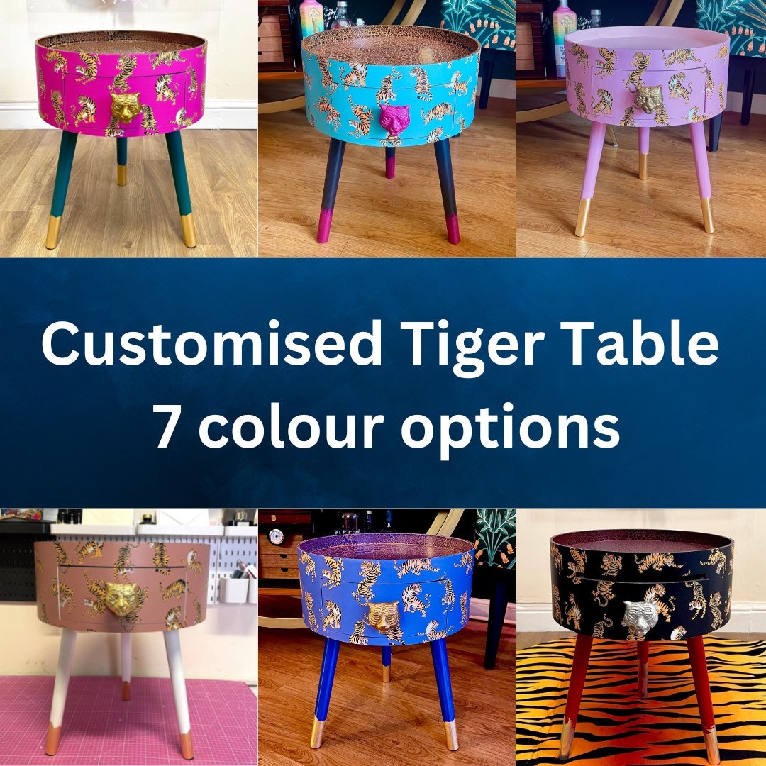 Round Tiger Side Table With Drawer. Tiger Print in 7 Colours, Pink