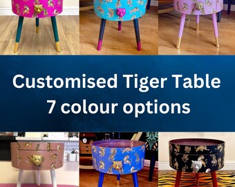 Round Tiger side table with drawer. Tiger print in 7 colours, pink, navy, mint, tan, turquoise. Ideal coffee table or nightstand, customised