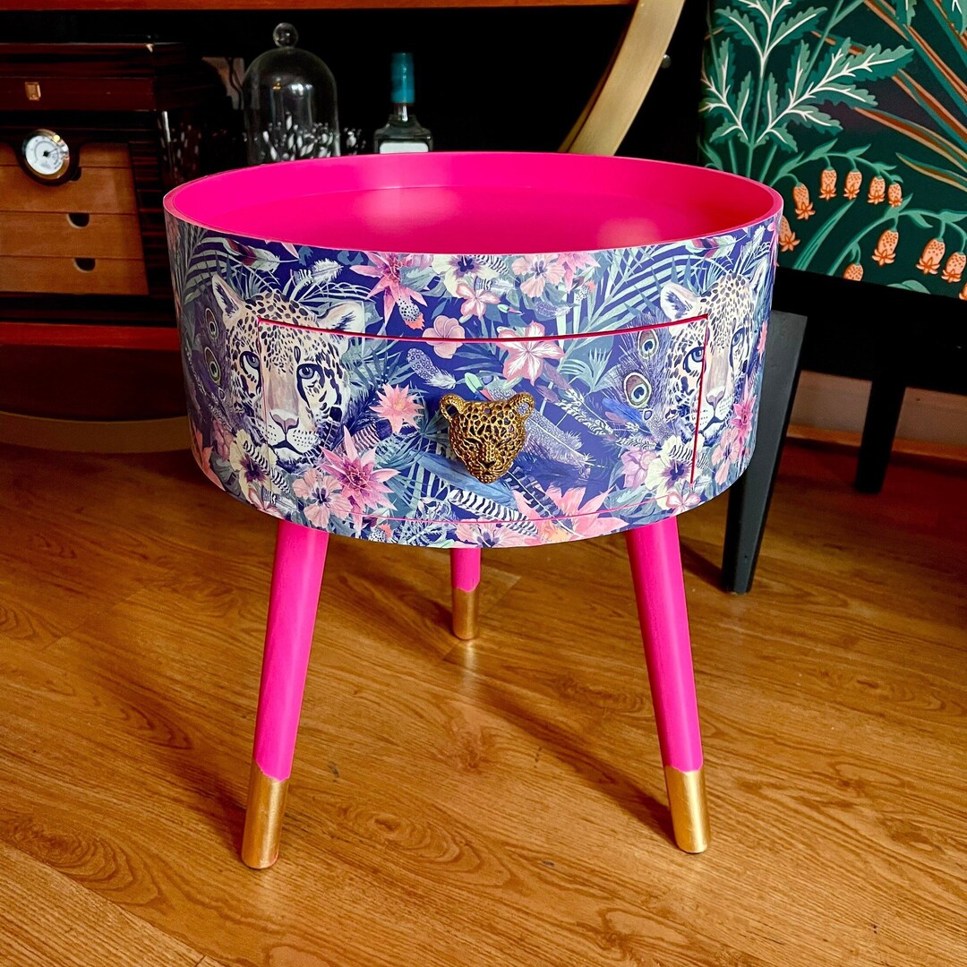 Round Hot Pink Bedside Table, Green and Navy Leopard and Floral Design