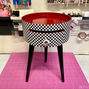 Chequerboard side table, Round wooden table with drawer in red black and white, Check design with love heart tattoo handle, rock nightstand