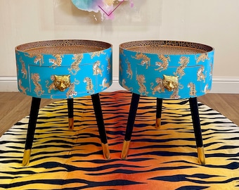 Pair of bedside tables, blue nightstand with tiger design, round side table with storage drawer, eclectic design