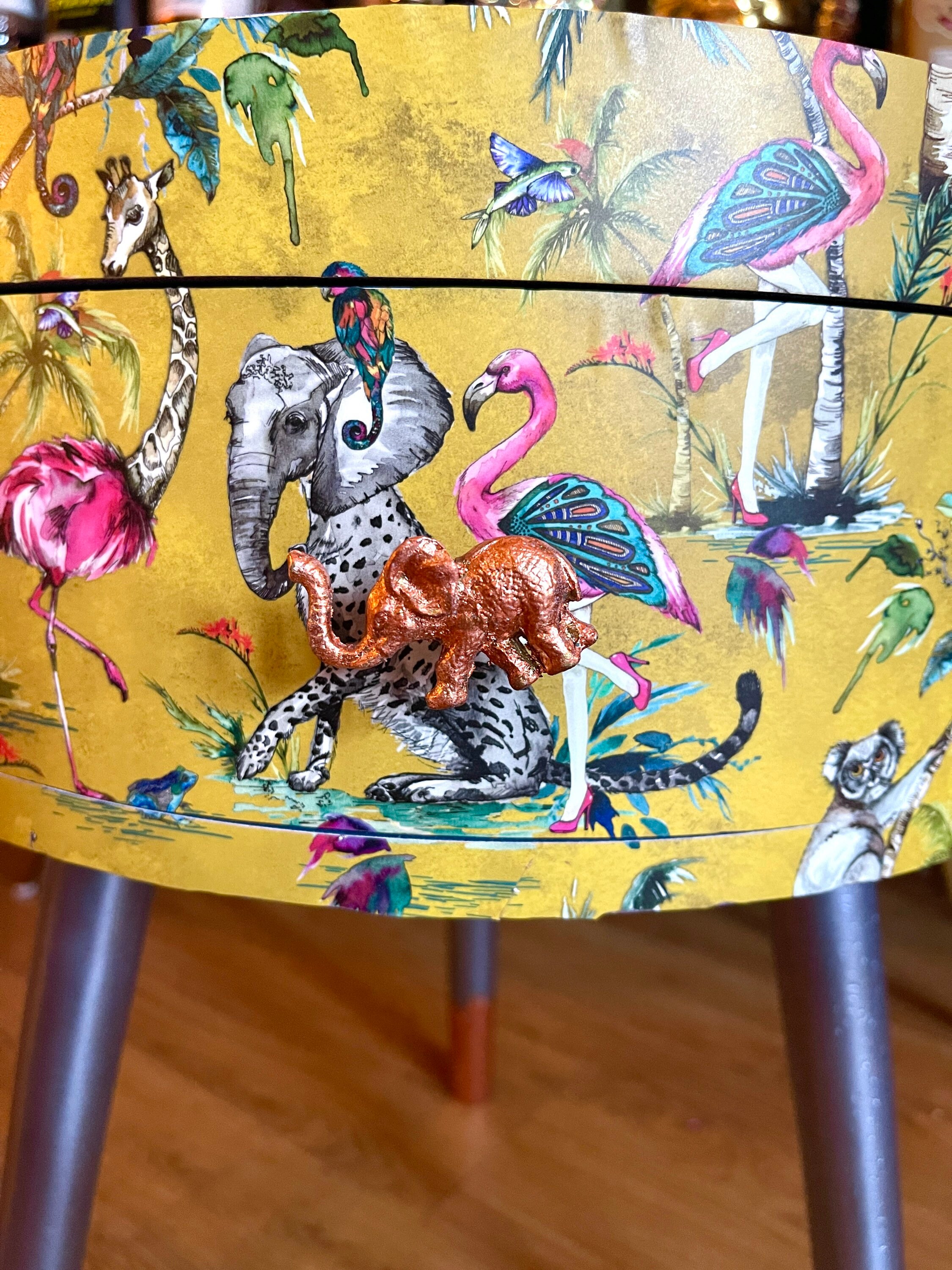 Custom Round Bedside Table With Drawer Yellow Animal Print Etsy