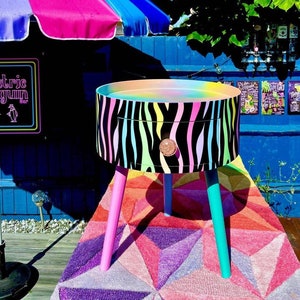 Pastel Zebra round wooden side table cabinet in black, ideal for bedside table or night stand. Multicolored top. Ombre home decor .