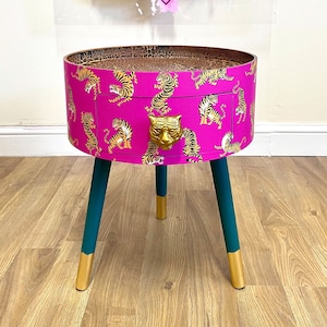 Hot Pink Magenta Tiger round bedside table . Fun Bright Home Decor . Ideal for Nightstand or side table. Comes with inbuilt drawer